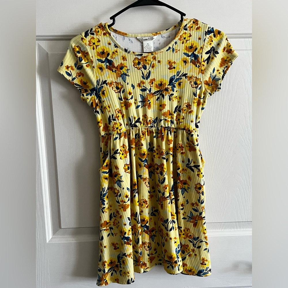 Emma &‎ Elsa Girls Floral Print Short Sleeve Yellow Dress W/Pockets Sz 12